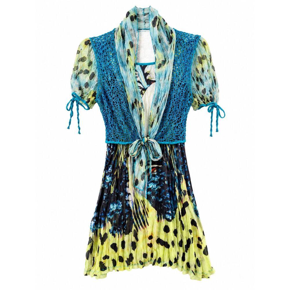 Y2K Fairycore Boho Festival Fleur De Lis Butterfly Print Crochet Tie Front Dress